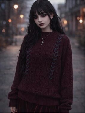 Burgundy Chunky Knit Lace-Up Sweater | Gothic Dark Academia Cozy
